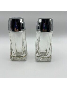 Vintage Glass Salt & Pepper Shakers With Chrome Tops Elegant Tableware Mid-Centu